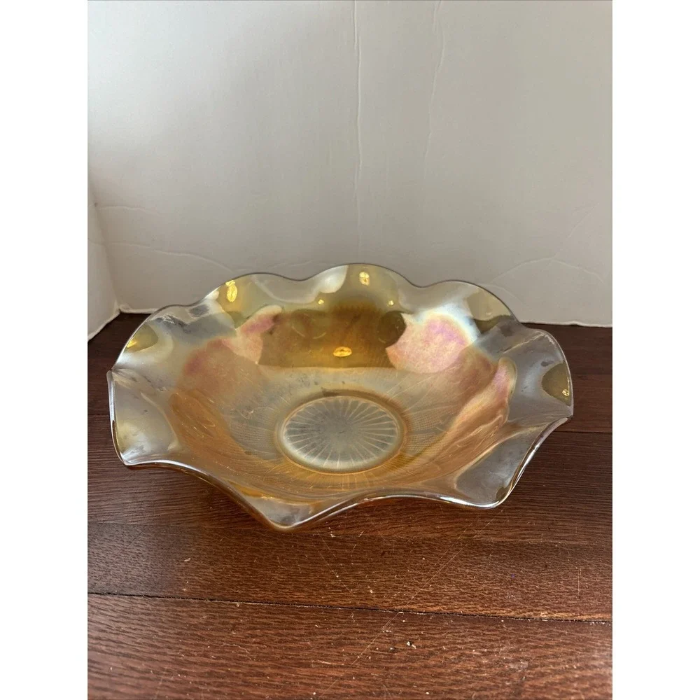 Vintage Jeanette Iris and  Herringbone Marigold Carnival Glass‎ Ruffled Bowl 11